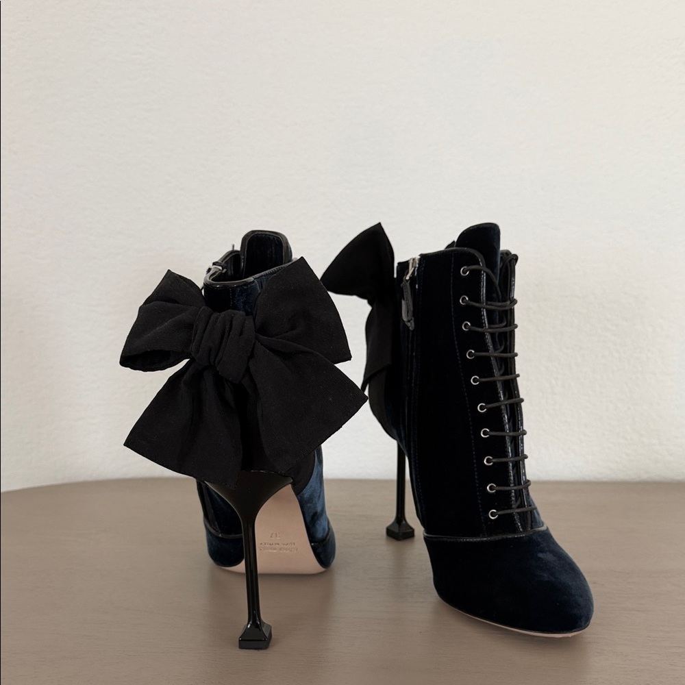 Miu Miu Black Velvet Lace-Up Ankle Boots with Oversized Bow